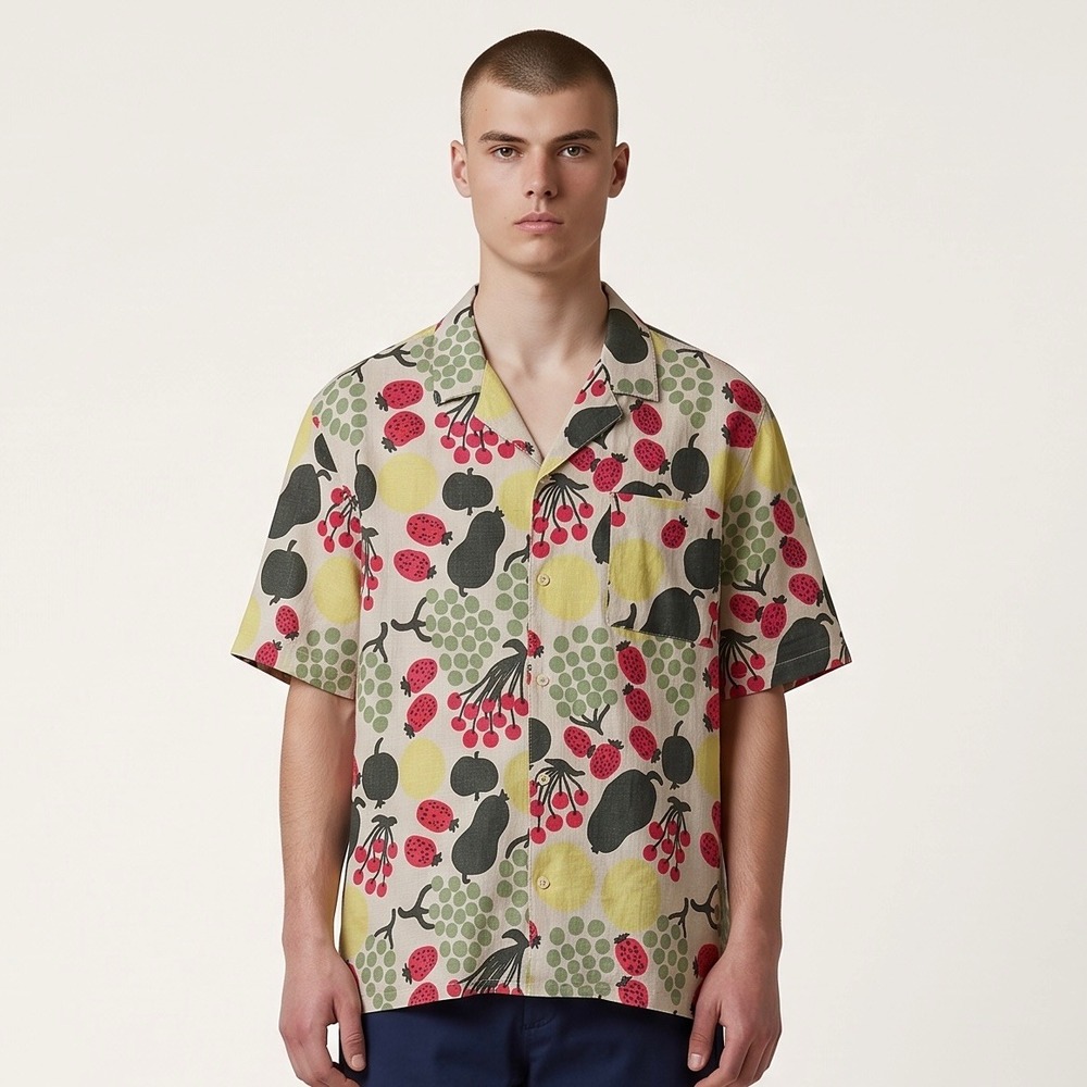Marimekko Kalliolla Pieni Tori Shirt Mens Large Multicolor Linen Fruit Print